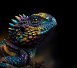 This stunning close-up showcases a colorful lizard with iridescent scales, emphasizing its intricate details and vibrant hues against a dark background, capturing the beauty of nature.