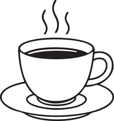 Simple Black and White Line Art Depiction of a Steaming Cup of Coffee on a Saucer