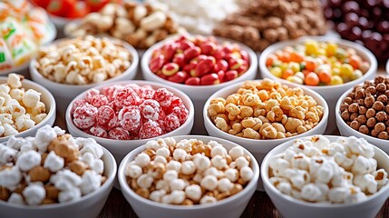 Assorted snacks are displayed in white bowls, including popcorn, coated peanuts, and candies, arranged on a brown surface.