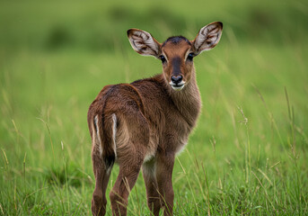 Fototapeta premium Photo of a Young Waterbuck Calf in Grassland