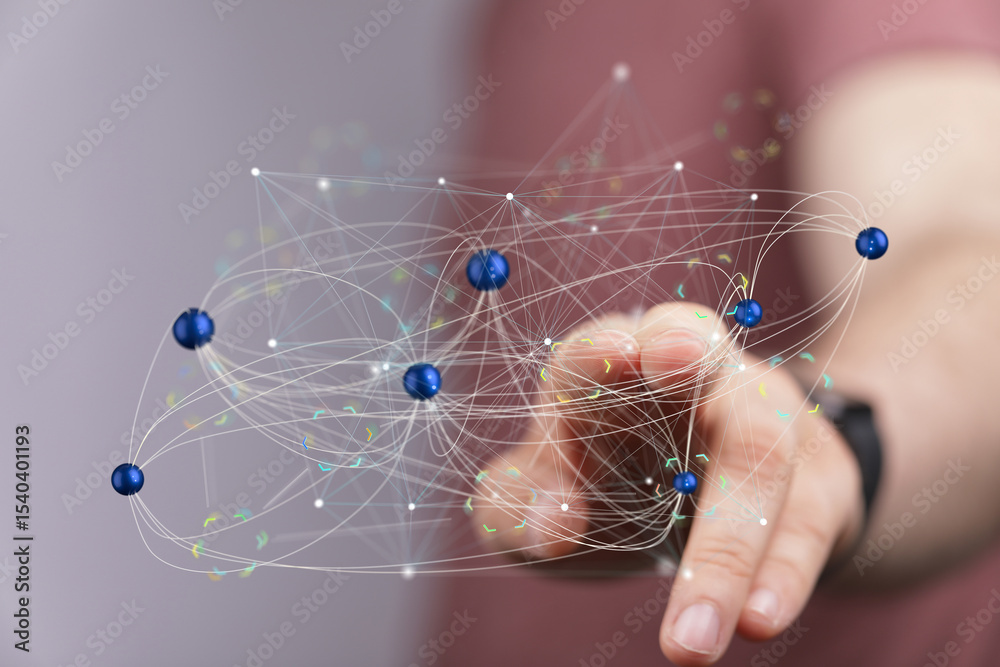Poster Person interacts with a digital network, showcasing global connectivity and data flow.