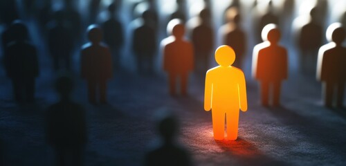 Illuminated figure among shadowy silhouettes representing individuality, uniqueness, and distinction in a crowd against a dark background