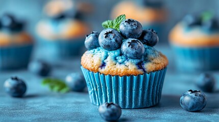 Blueberry muffin sits topped with fresh blueberries and mint leaves in a blue paper cup on a blue surface.