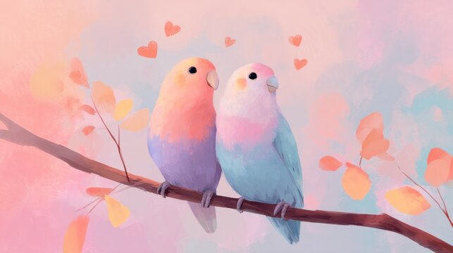 Two pastel parakeets on a branch, surrounded by hearts and autumnal leaves