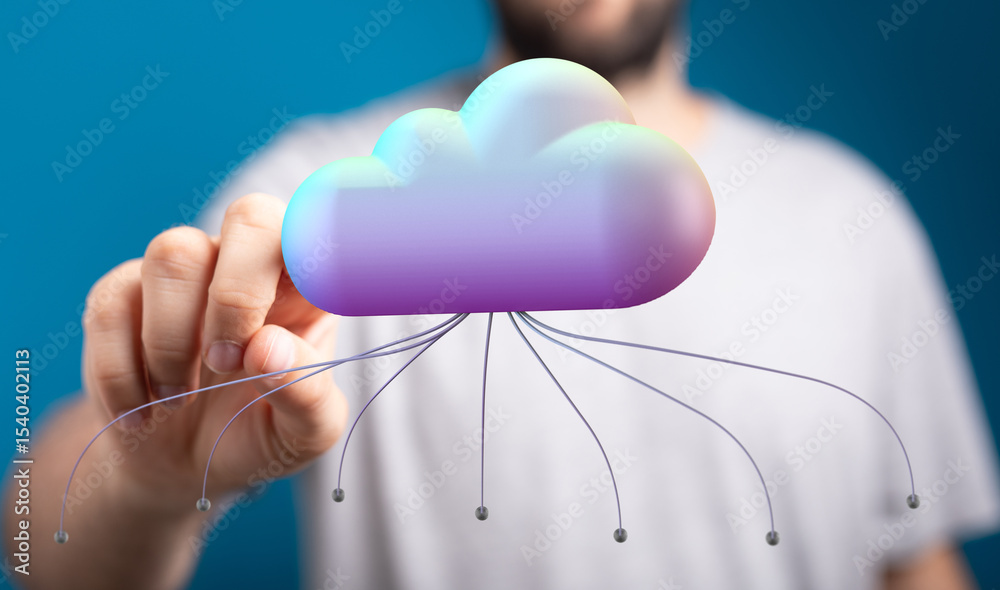 Poster High-quality image depicting a person interacting with a 3D cloud computing network.