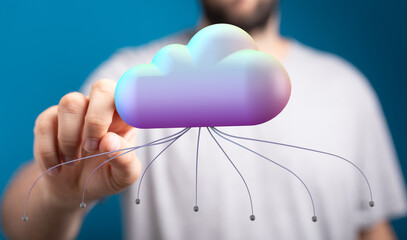 High-quality image depicting a person interacting with a 3D cloud computing network.