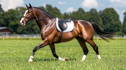 Brown horse is running across a vibrant green grass field under a bright sky with scattered trees in the distance.