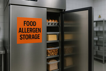 Food allergen storage refrigerator in food engineering facility with labeled stainless steel door and visible compartments containing nuts, eggs, bread, and cheese