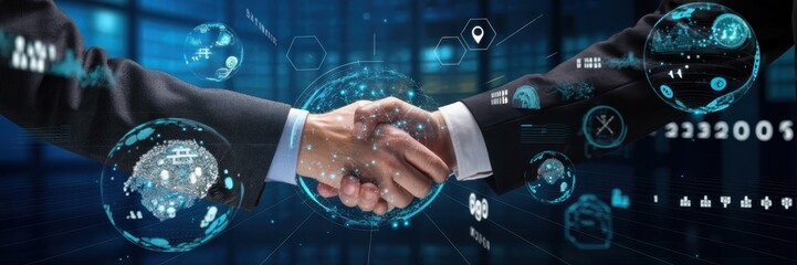 Two business people shaking hands with digital displays.