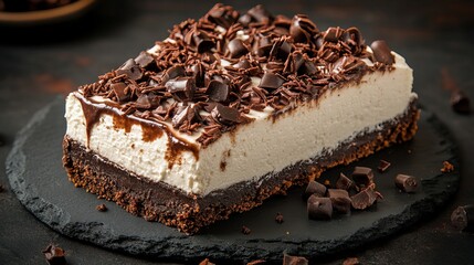 Chocolate cheesecake slice sits on a dark slate surface with chocolate shavings and sauce drizzles.