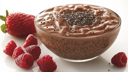 Chocolate pudding in a clear bowl is topped with chia seeds and accompanied by fresh raspberries and a strawberry on a white surface.