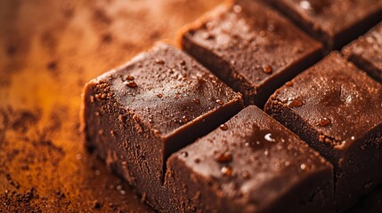 Chocolate fudge pieces sit closely together with visible moisture droplets and cocoa powder on the surface.