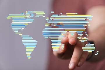 Abstract image of a world map formed by data streams, representing global connectivity and digital...
