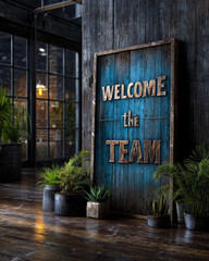 This inviting scene features a rustic wooden sign that warmly welcomes team members.