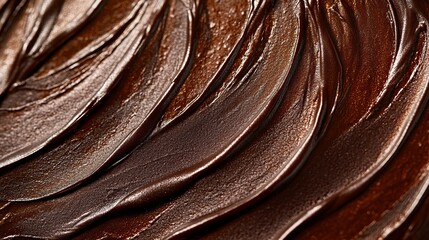 Chocolate frosting swirled texture covers the surface showing a glossy sheen in a close-up view.