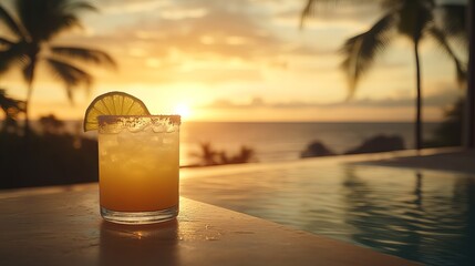 Cocktail sits by an infinity pool overlooking the ocean at sunset with blurred palm trees in the background.