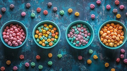 Colorful cereal balls fill four blue bowls on a textured blue surface with scattered pieces!