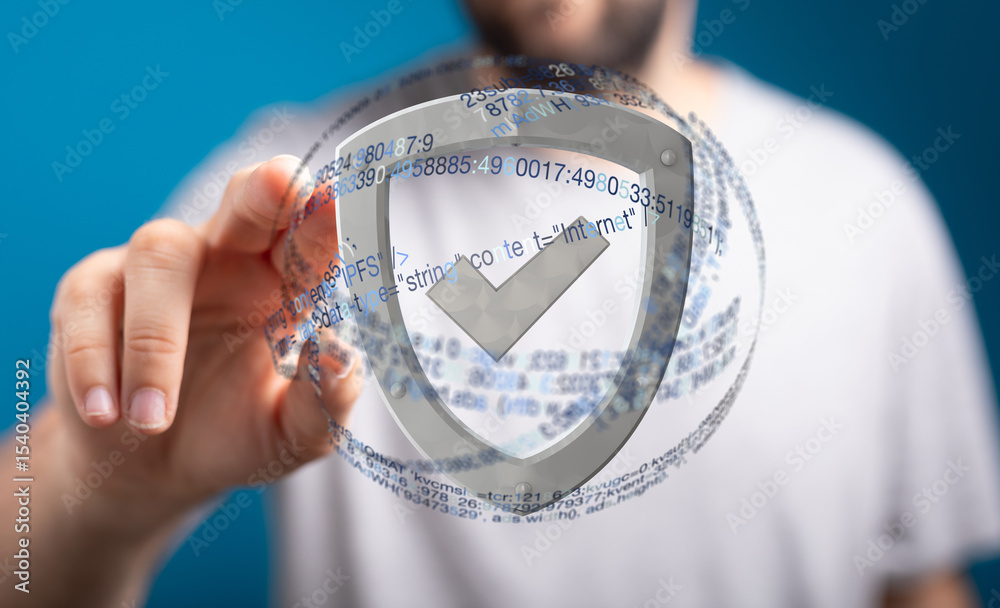 Poster image of a person holding a digital shield representing secure data protection and internet safety.