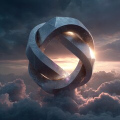Abstract geometric shape floating in cosmic cloudscape background