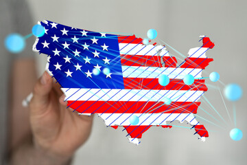 Digital map of the United States, designed with an American flag and interconnected nodes.