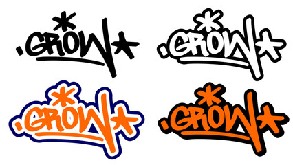 Graffiti tag vector of the word “GROW” in bold street style with orange, black, and white. Features 4 visual variations. Great for hip hop art, urban graphics, stickers, and motivational themes.
