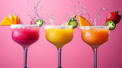 Colorful margaritas are splashing with fruit garnish and jalapenos on pink background, indicating a celebratory drink.