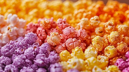 Colorful popcorn sits piled together, showcasing purple, yellow, orange, and red hues with textured surfaces.