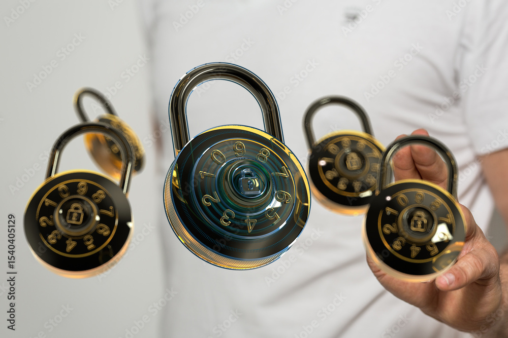 Poster High-quality image of combination locks, symbolizing data security and privacy. Ideal for cybersecurity concepts.