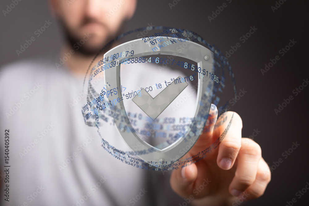 Aufkleber Cybersecurity concept.  Shield icon with code. Digital data protection and secure network.