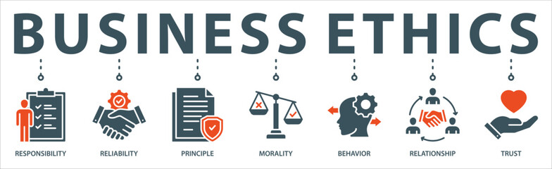 Business ethics banner web icon vector illustration concept with an icon of responsibility, reliability, principle, morality, behavior, relationship, and trust.