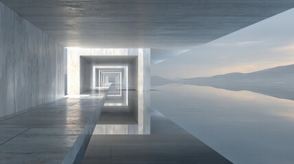 Abstract architectural space with reflective surfaces and light