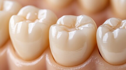 Dental molar teeth are displayed in a close-up view showing enamel texture and gumline details, exhibiting dental health.