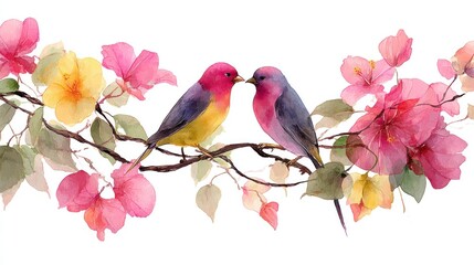 Watercolor birds and flowers, delicate, romantic, nature scene