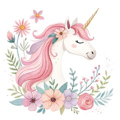 Cute Unicorn Watercolor Design with Pink Mane and Flowers White Background