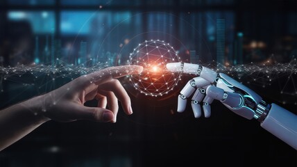 Human hand and robotic arm interacting with digital sphere.