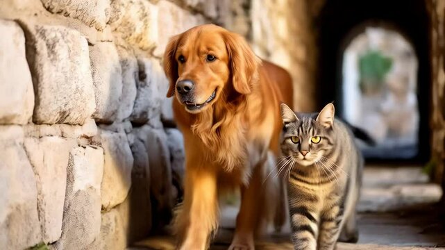 Golden retriever dog and grey tabby cat walking together through stone archway tunnel, facing camera, companionship, adventure, friendship.