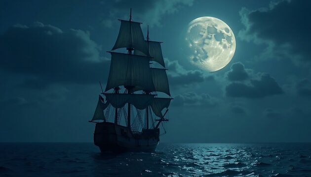 A majestic sailing ship at night under a full moon, navigating dark waters.