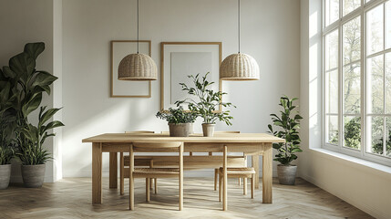 Fototapeta premium Minimalist Scandinavian dining room with pale wood furniture and greenery