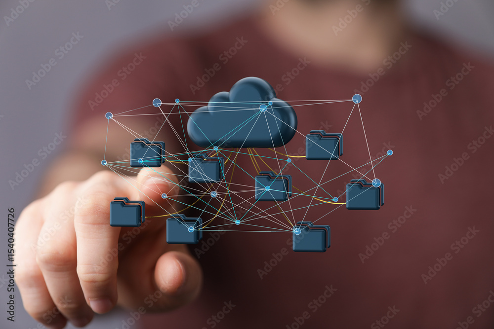 Aufkleber image depicts secure cloud storage, data access, and network connectivity.
