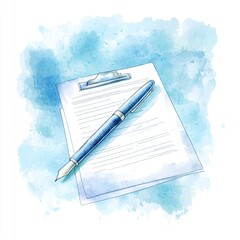 Watercolor illustration of a clipboard with pen