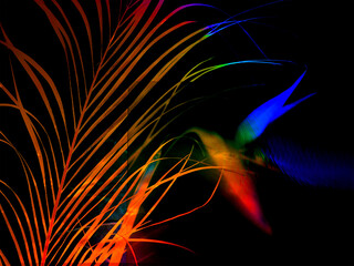 Palm leaf and Bird of paradise tropical flower with trendy color filter, isolated on black background. Abstract art piece with vibrant colors and a striking contrast. Neon tropical leaves poster.