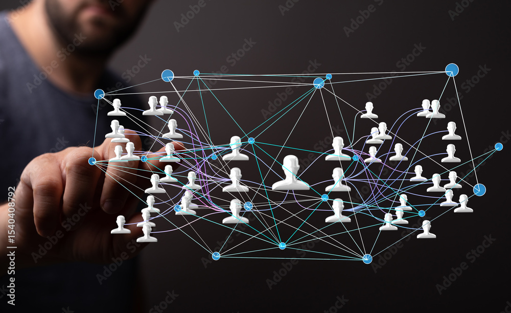 Poster visual representation of a social network, showing connections between people online.