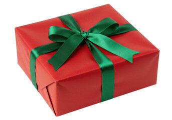 Isolated Red Gift Wrapped with Green Ribbon, Festive
