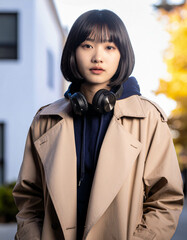 lost in thought; Korean college student with sleek black bob, blunt bangs, tan trench over navy hoodie, headphones draped around neck, mind elsewhere
