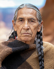 wisdom woven in time; indigenous elder with braided gray hair, earth-toned poncho, and reflective eyes that hold stories of generations past
