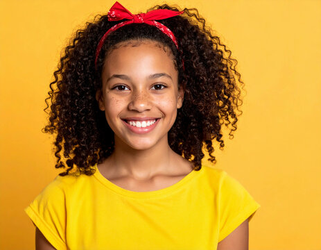 sunlit smile; petite Latina teen with voluminous curly hair, red ribbon, sunflower-yellow tee, oversized denim, and freckled cheeks lifted in warmth
