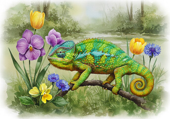Naklejka premium Watercolor Illustration of a Chameleon on a Branch with Flowers