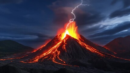 Erupting Volcano Under Lightning Storm: A dramatic image of a volcano erupting with molten lava flowing down its sides, a powerful lightning strike illuminating the scene against a stormy sky. - Powered by Adobe