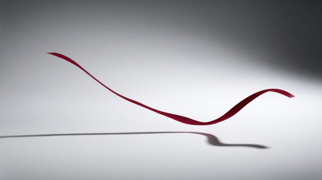 Vibrant red ribbon gracefully curves through air against minimalist gradient gray background, fluid sinuous motion, shadow mimics shape on light surface, glossy texture, neutral backdrop.