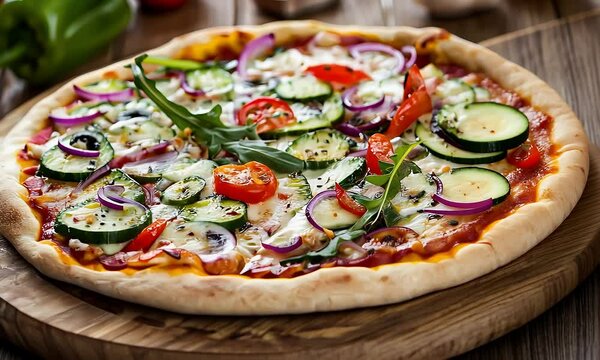 Delicious Pizza Featuring Zucchini Red Onions and Cherry Tomatoes on Wooden Surface